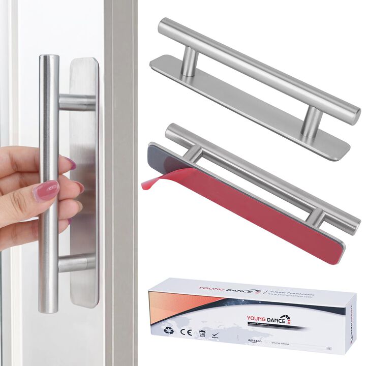 Young Dance Self-Stick Instant Cabinet Drawer Pulls - 6"" Stainless Steel Drawer Push Pull Handles Helper with Adhesive Door Han
