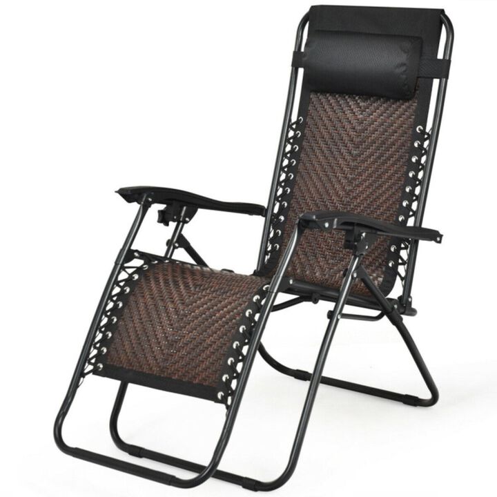 Hivvago Folding Rattan Zero Gravity Lounge Chair with Removable Head Pillow