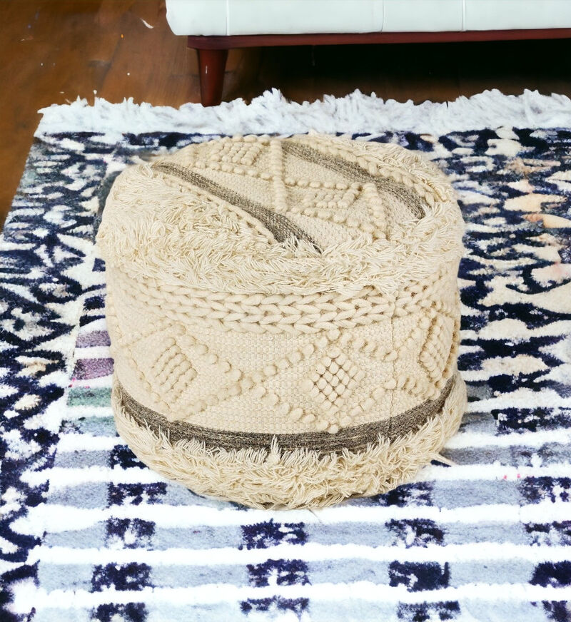 Hivvago 18 Inch Cream Wool Cotton Blend Round Geometric Pouf Ottoman
