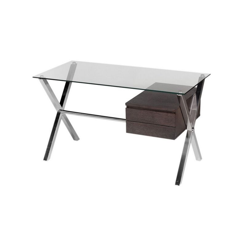 Tia 51 Inch Small Office Desk, Glass Tempered Top, 2 Drawers, Dark Brown - Benzara image number 1