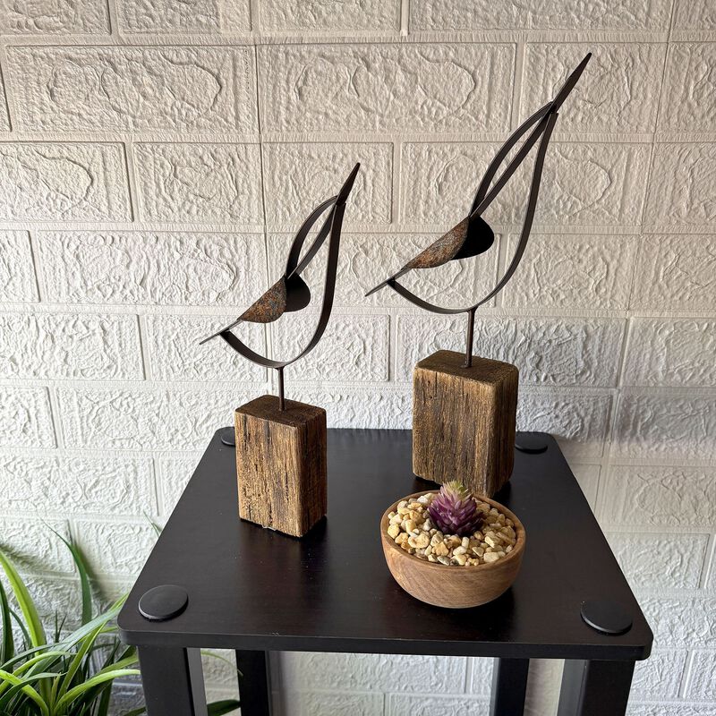 Abstract Bird Statues Set Of 2 Rustic Wood Metal Tabletop Sculptures 1325in image number 6