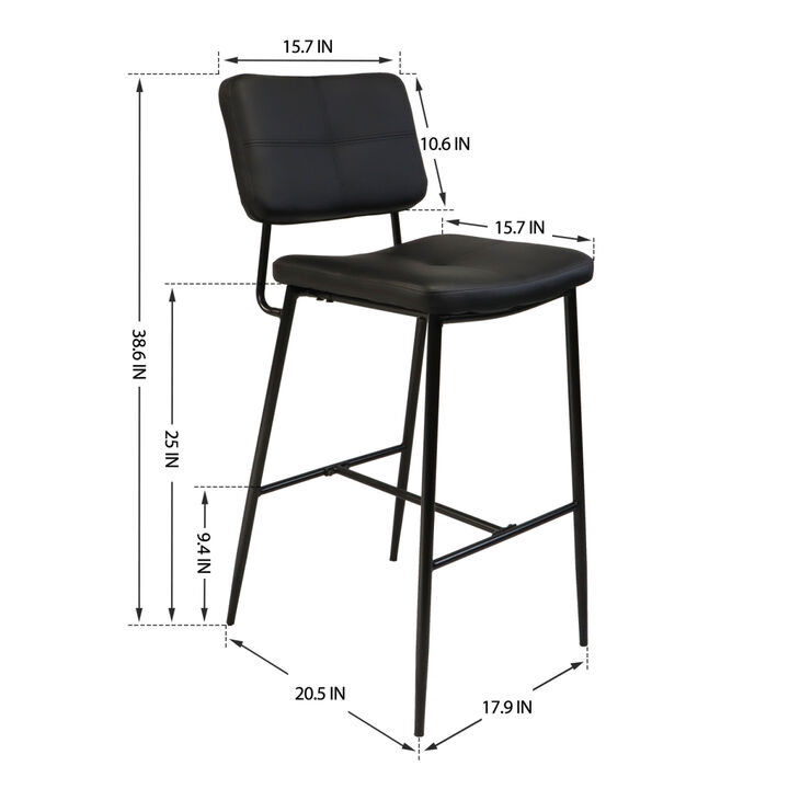 Bar Stools Set of 2, 25" Hight Back Stool Upholstered Counter Chair Heavy Duty Steel Frame PUb Breakfast Bar Chairs for Kitchen, Black