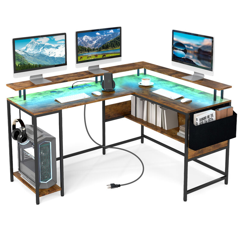 L Shaped Computer Desk with LED Lights and Built In Power Outlets for Gaming image number 7