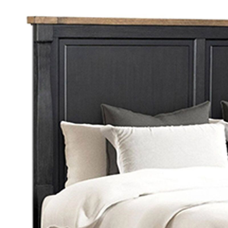 Ginie Queen Bed, Tall Headboard, Farmhouse Legs, Black, Oak Brown Wood - Benzara