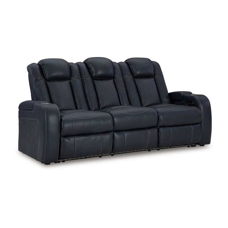 Fynne Power Reclining Sofa, LEDs, Sapphire Blue Faux Leather 85 Inch image number 0