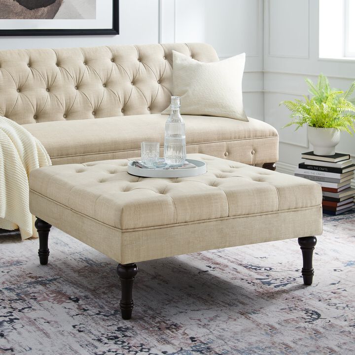 Classic Button-Tufted Linen Ottoman with Wooden Legs, Multi-Functional Footrest