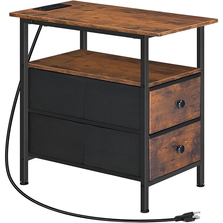 Narrow Side Table with Charging Station, Slim End Table with Storage Shelves