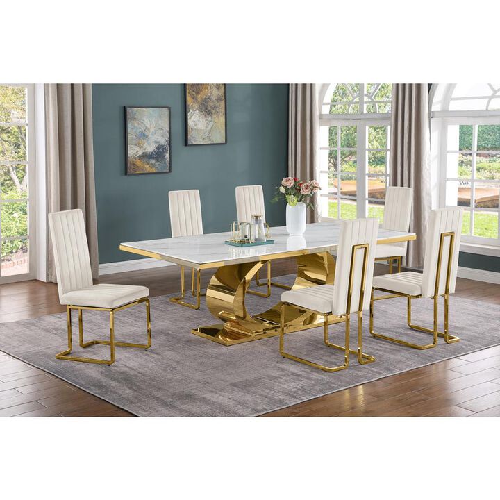 Best Quality Furniture 7pc Large(87) marble top dining set with gold base and 6 Cream side chairs