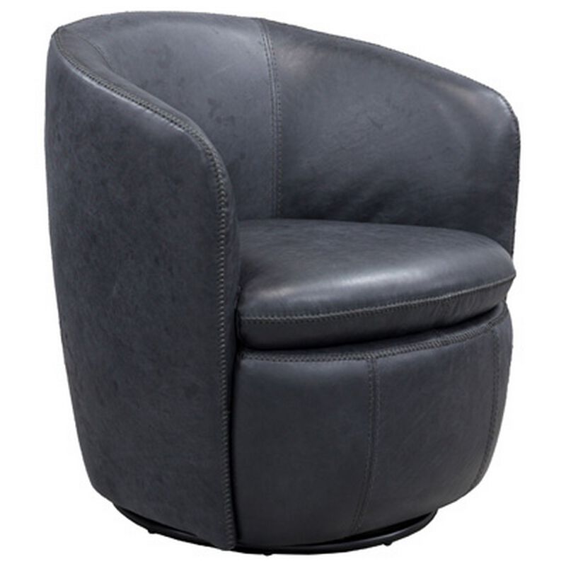 Niko Swivel Accent Chair, Round Barrel Design, Dark Blue Top Grain Leather