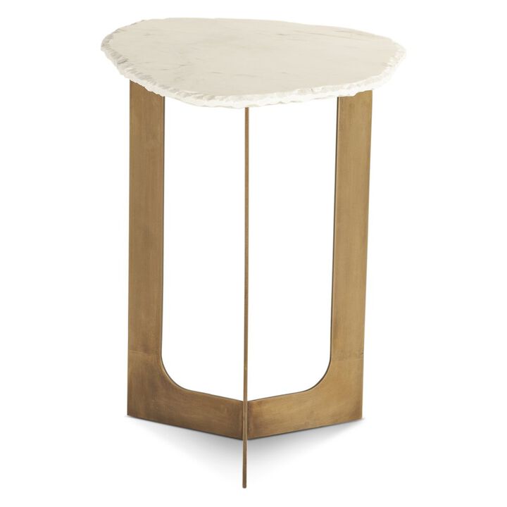World Interiors Fresno 24 Side Table in White Marble and Antique Brass Base