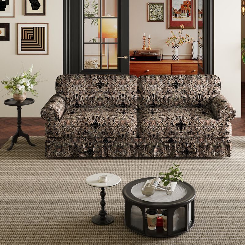 Whisen Mid-Century Sofa, Oxford Fabric Cloud Couch with Elegant Rolled Arms and Pleated Skirt Design