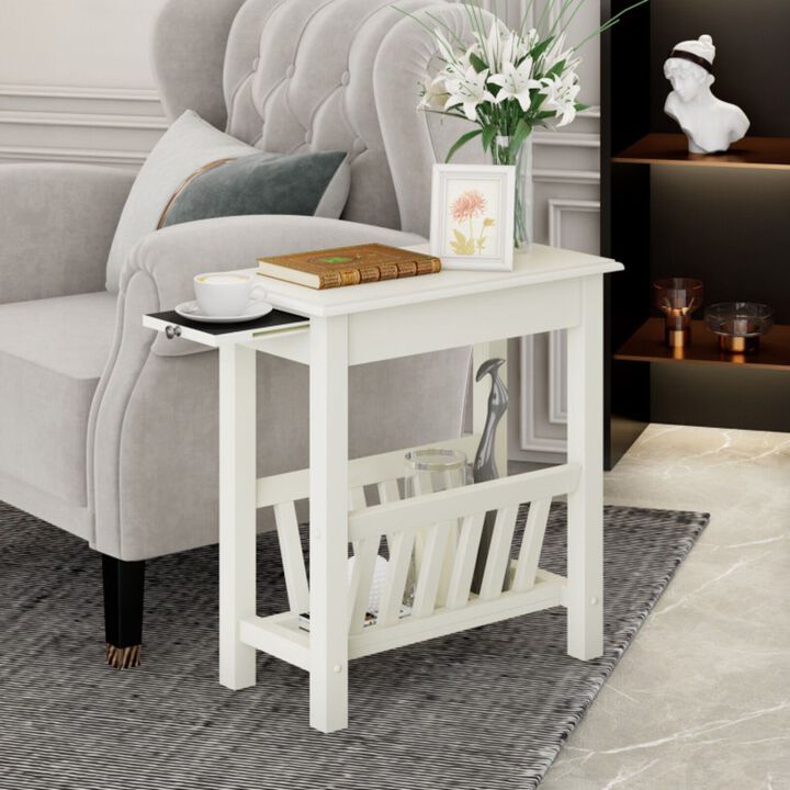 2-Tier End Table with Pull-out Tray and Solid Rubber Wood Legs