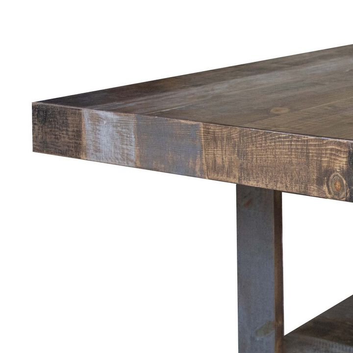 Linn 54 Inch Square Dining Table, Open Shelf, Gray, Rustic Brown Pine Wood