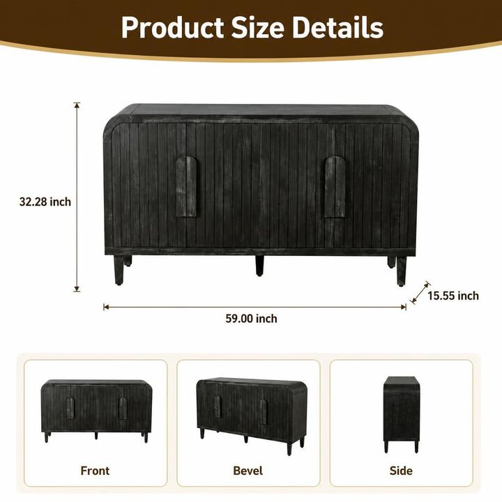 GOODSILO 59 Inch Curved Vintage Storage Sideboard with Large Wooden Handles and Adjustable Shelves for Kitchen and Dining Room Spaces