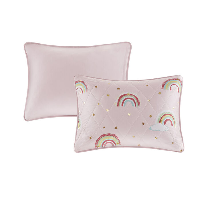 Gracie Mills Thyme Rainbow and Metallic Stars Reversible Quilt Set with Unicorn Throw Pillow