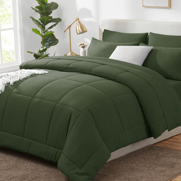 CozyLux Queen Comforter Set - 7 Pieces Bed in a Bag Set Olive Green, Bedding Sets Queen with All Season Quilted Comforter, Flat
