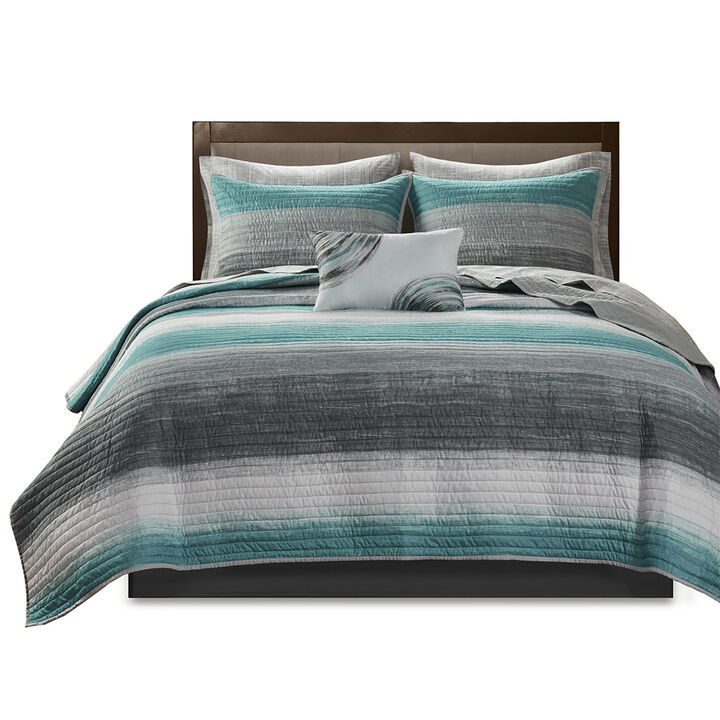 Gracie Mills Ianne Modern 8-Piece Watercolor Stripe Quilt Set with Cotton Bed Sheets