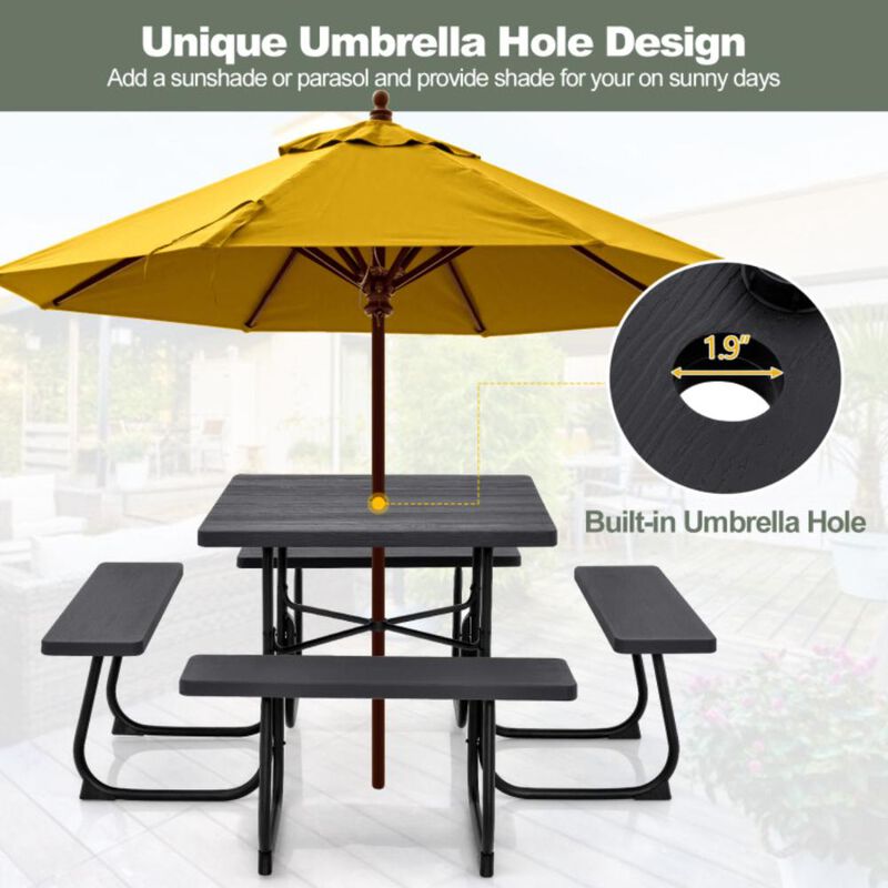 Hivvago Outdoor Picnic Table with 4 Benches and Umbrella Hole