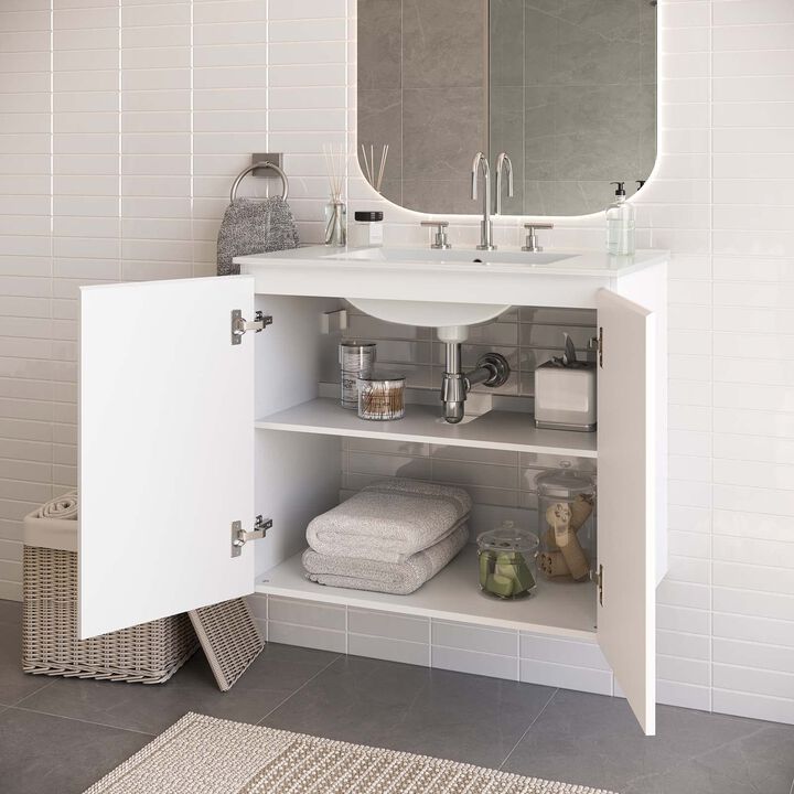 Modway Bryn 30" Modern Wood/Ceramic Wall-Mount Bathroom Vanity in White