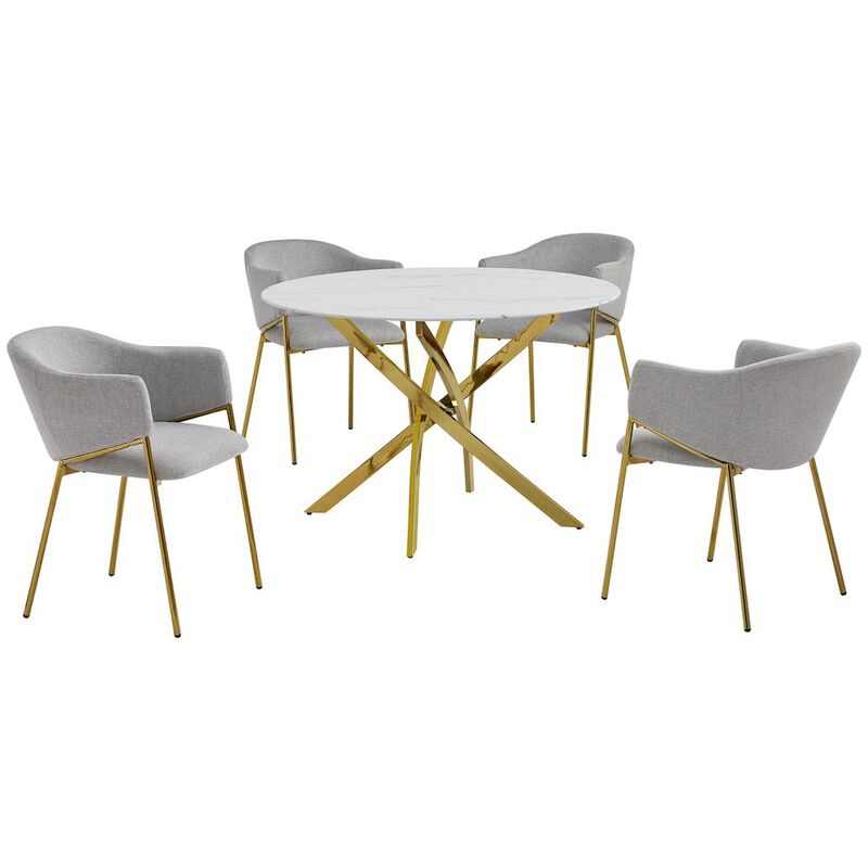 Best Quality Furniture Round Marble Wrap Tempered Glass Dining Table With 4 Linen Gray Side Chairs