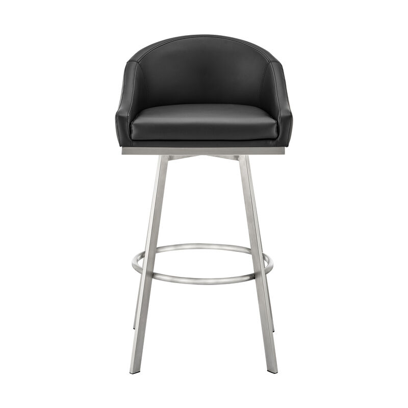 Sheryl 30 Inch Swivel Bar Stool Chair, Low Back, Black Faux Leather-Benzara