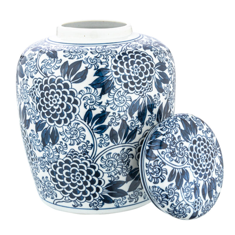 Decorative Chrysanthemum Ceramic Ginger Jar with Lid, Blue and White image number 4
