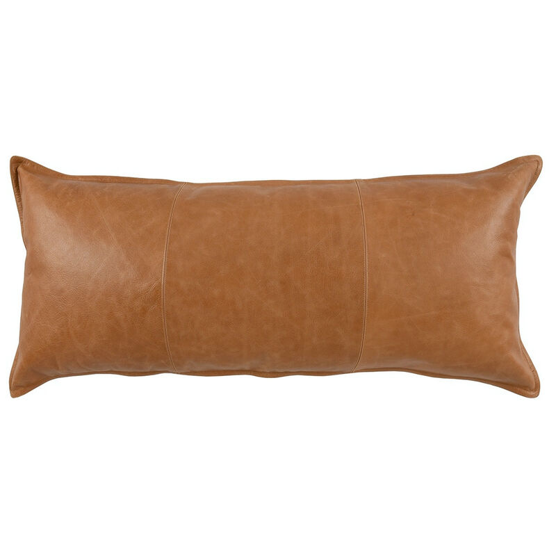 Rectangular Leatherette Throw Pillow with Stitched Details, Large, Brown - Benzara