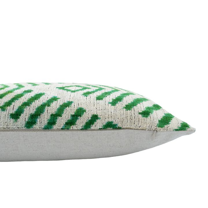 Coastal Green Silk Velvet Ikat Pillow, 16" X 24"