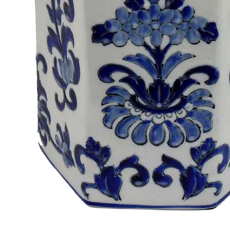 Deno 13 Inch Decorative Jar with Lid, Ceramic, Floral Design, Blue, White - Benzara