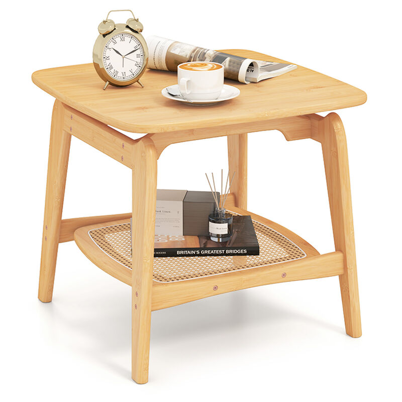 Boho Wicker Sofa Side Table with Faux Rattan Storage Shelf