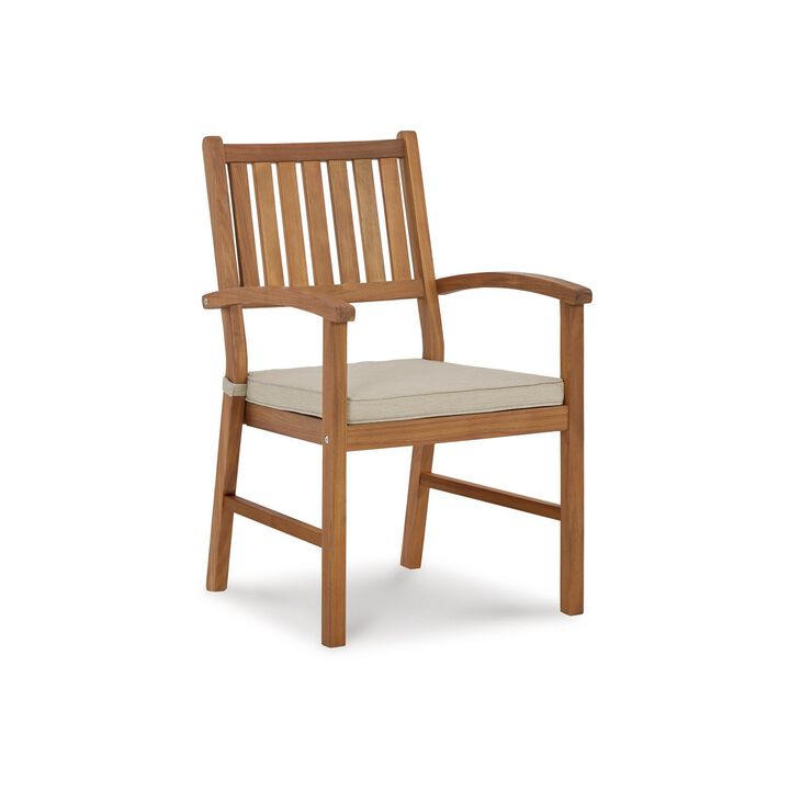 Nilen Outdoor Dining Armchair, Set of 2, Brown Wood, Polyester Cushion-Benzara