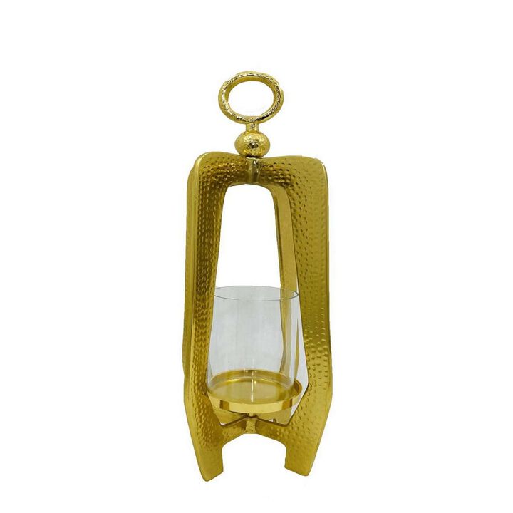 Dolk 23 Inch Tabletop Lantern, Antique Shape, Glass Body, Gold Metal Frame - Benzara