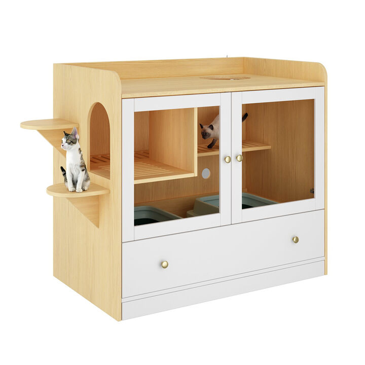Extra Large Cat Litter Box Furniture Hidden, Cats Condo Pet House with Stairs, Indoor Cat Litter House, White with Log