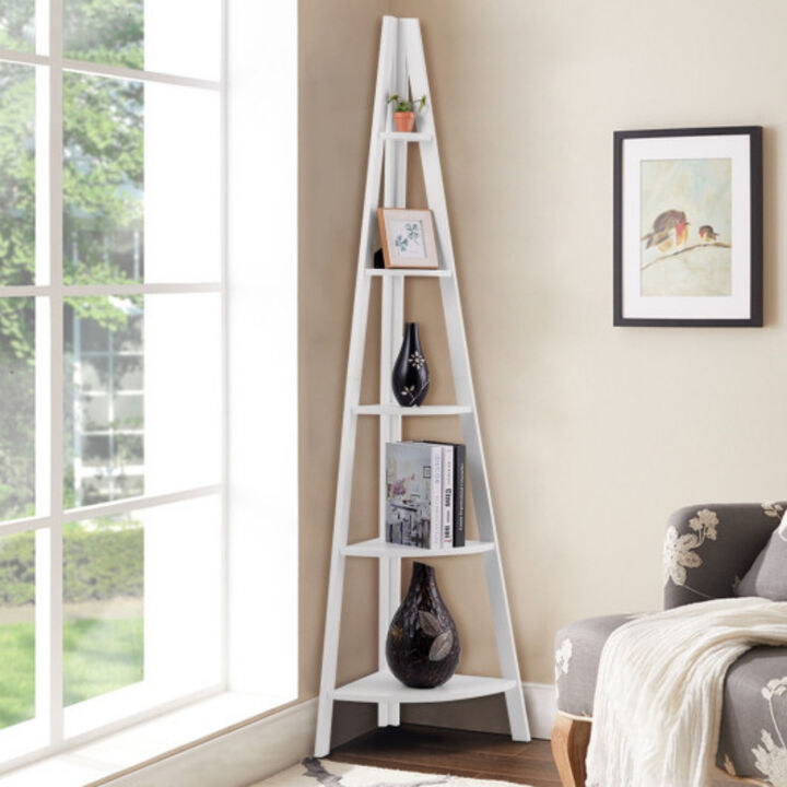 5 Tier Floor Corner Stand Ladder Shelves Bookshelf-White