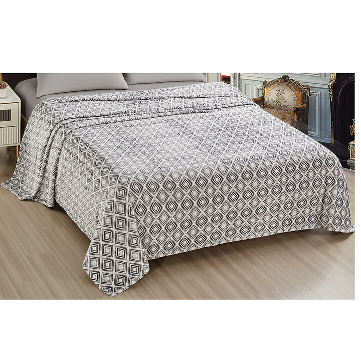Plazatex Luxurious Ultra Soft Lightweight Peralto Printed Bed Blanket White/Grey 90" x 90"