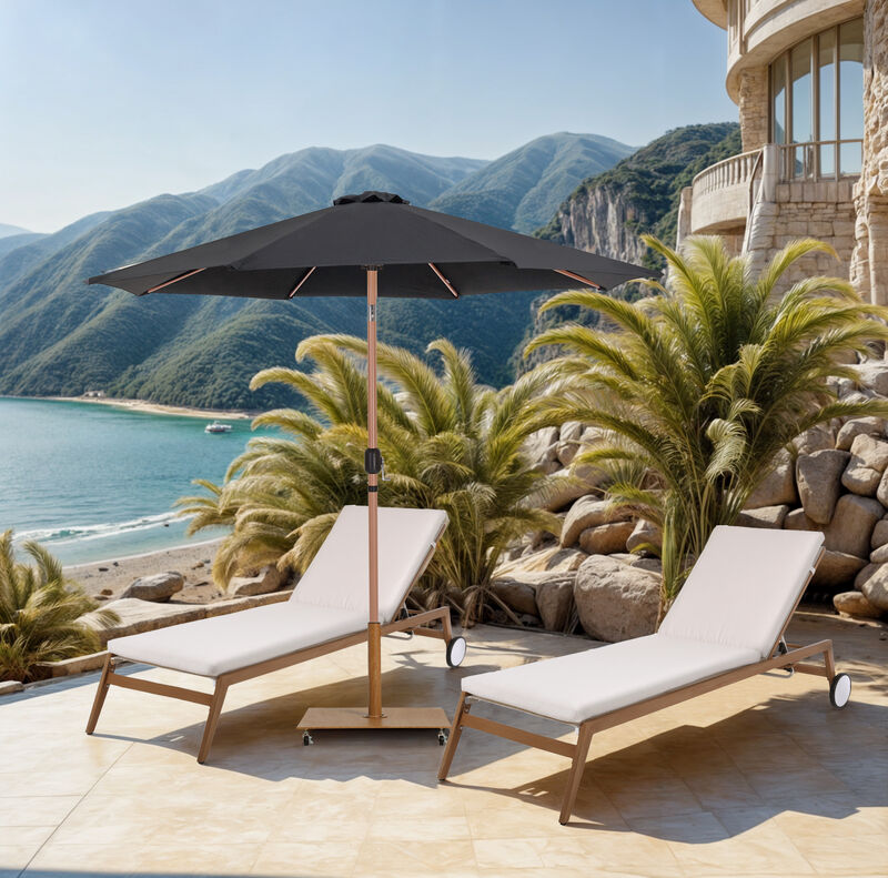 Meridian Furniture Fiji Black Fabric / Teak Aluminum Patio Umbrella with Base Sets