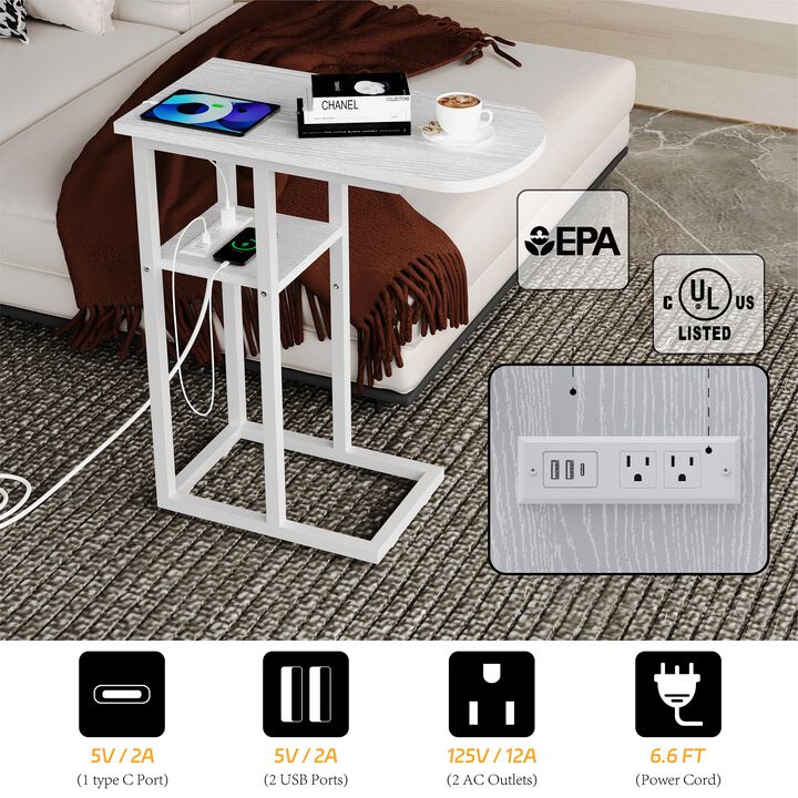 eiskah C Table End Table with Charging Station, Couch C Shaped Side Table for Living Room, Bedroom, Laptop Table with USB Ports