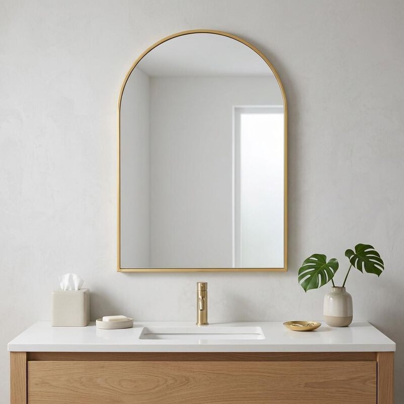 HomeRoots 38" Gold Aluminum Arch Framed Anti Fog Accent Mirror image number 1
