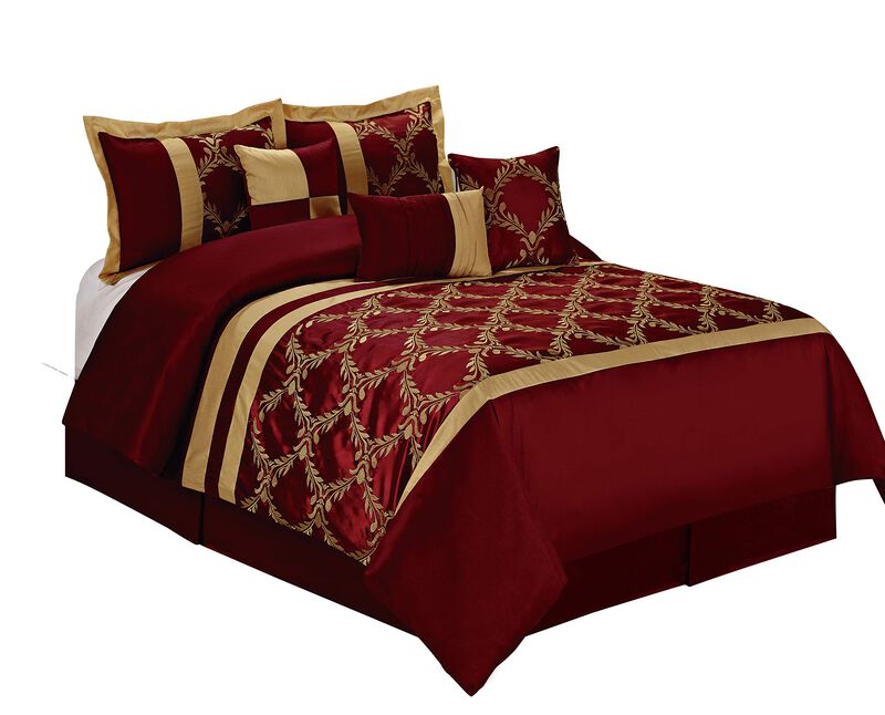HIG 7 Piece Comforter Set Queen - Burgundy and Gold Faux Silk Fabric Embroidered - Claremont Bed in A Bag - Breathable and Wrink
