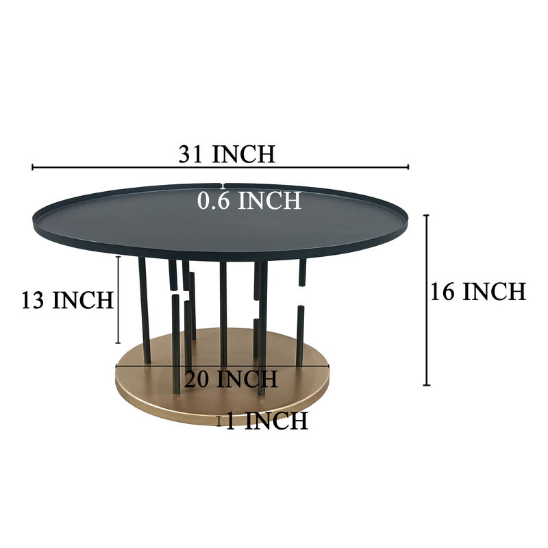 Neci 31 Inch Coffee Table, Round Matte Black Tray Top, Modern Rod Supports with Brass Base
