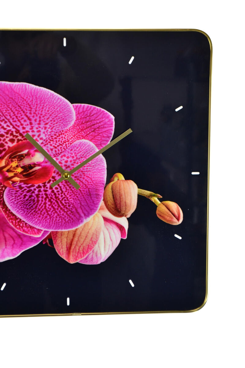 HomeRoots 24" Pink Black And Gold Solid Wood and Acrylic Silent Orchids Floral Wall Clock image number 3