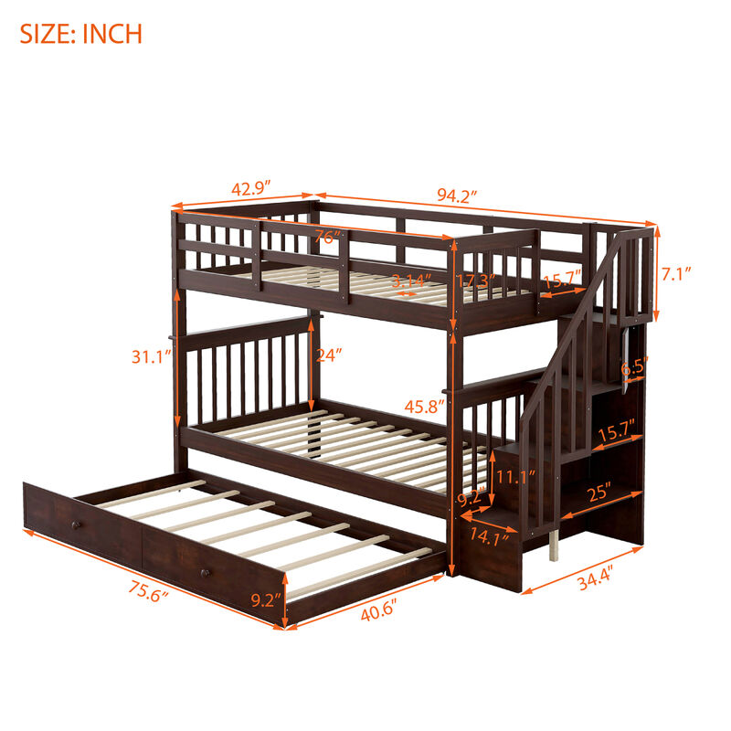 Stairway Twin-Over-Twin Bunk Bed with Twin size Trundle for Bedroom, Dorm, Adults, Espresso
