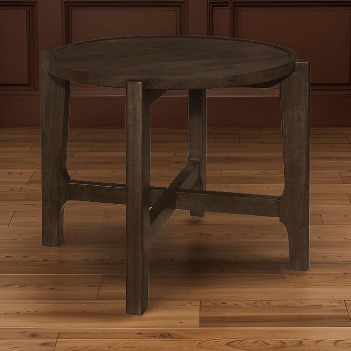 Katie End Table, Round 26 Inch Top, Dark Brown Solid Wood, Cross Beam Legs