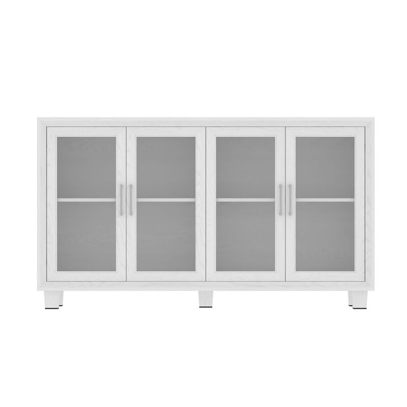 FUFU&GAGA Classic White Woodgrain Large Beveled Edge Storage Cabinet with 4 Glass Doors & 2 Shelves, Black Metal Handles, Solid Wood Legs (60.4" W x 34.3" D x 15.7" H)