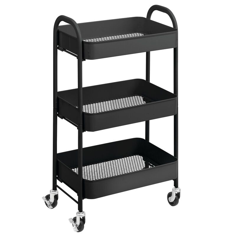 mDesign Metal 3-Tier Rolling Utility Storage Carts, 4 Caster Wheels, Matte Black