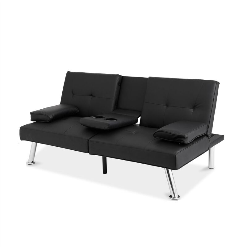 Hivvago Black Faux Leather Convertible Sofa Futon with 2 Cup Holders