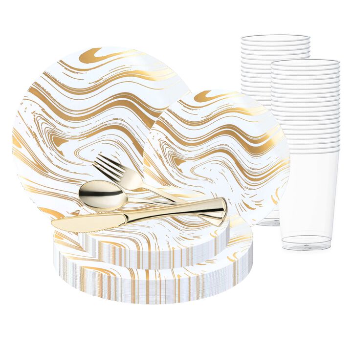 White with Gold Waves Plastic Wedding Value Set (60 Sets)