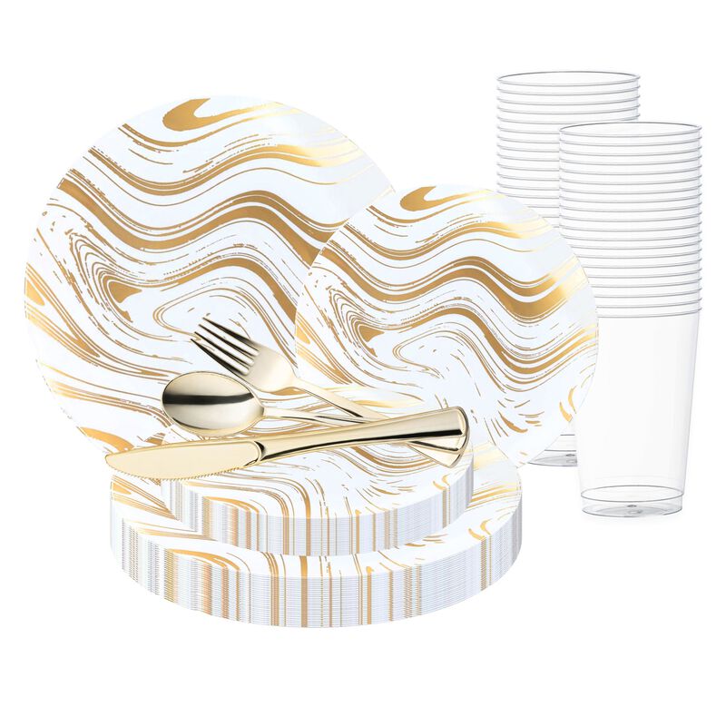 White with Gold Waves Plastic Wedding Value Set (60 Sets) image number 0