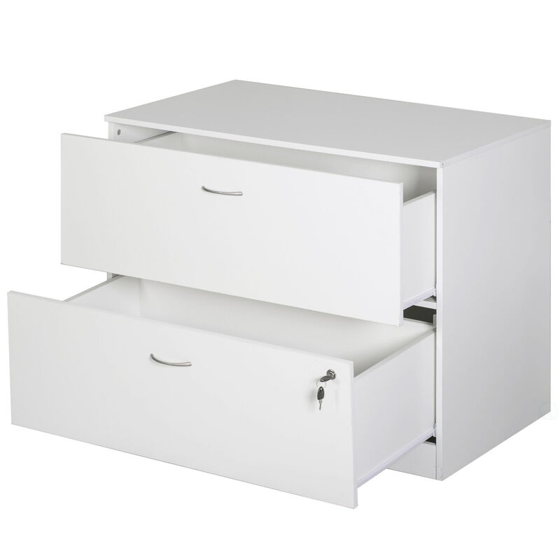 30-Inch White Wooden Lateral File Cabinet with Two Spacious Drawers, One Lockable - Suitable for Home Office, Offering Ample Space for Documents, Supplies, and Printer Stand Needs