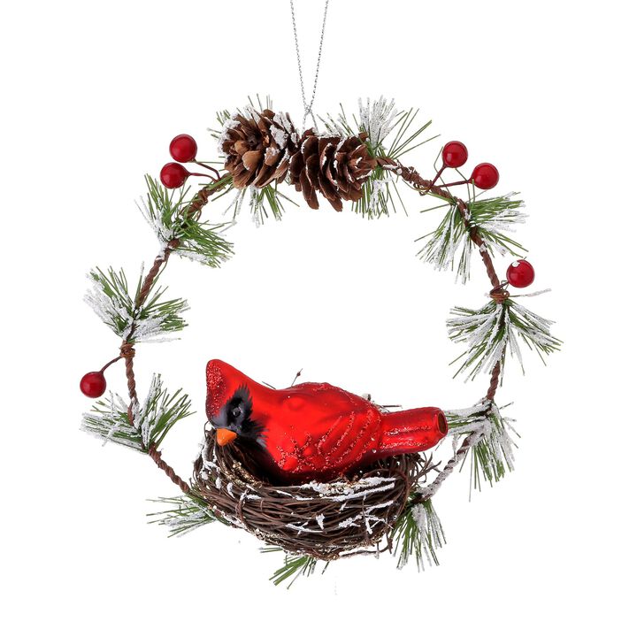 2ct Cardinal In Wreath Nest Glass Christmas Ornaments 6"